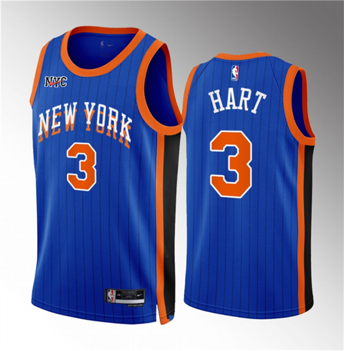 Men's New Yok Knicks #3 Josh Hart Blue 2023 24 City Edition Stitched Basketball Jersey Men's New Yok Knicks #3 Josh Hart Blue 2023 24 City Edition Stitched Basketball Jersey