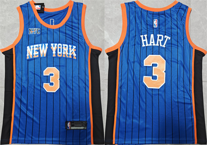Men's New Yok Knicks #3 Josh Hart Blue City Edition Stitched Basketball Jersey Men's New Yok Knicks #3 Josh Hart Blue City Edition Stitched Basketball Jersey