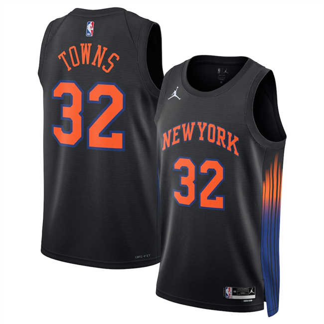 Men's New Yok Knicks #32 Karl-Anthony Towns Black 2025 Statement Edition Stitched Basketball Jersey Men's New Yok Knicks #32 Karl-Anthony Towns Black 2025 Statement Edition Stitched Basketball Jersey