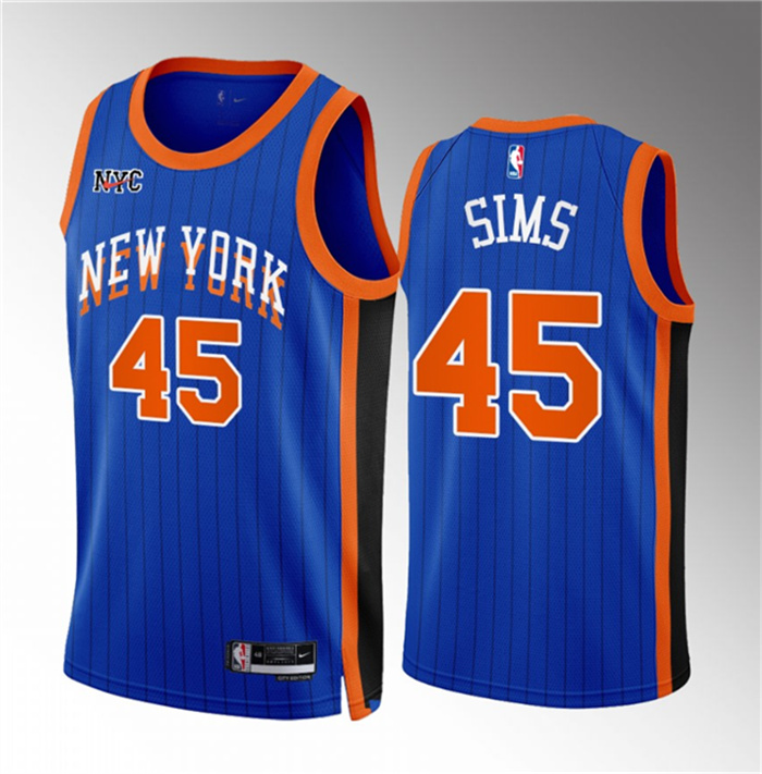 Men's New Yok Knicks #45 Jericho Sims Blue 2023 24 City Edition Stitched Basketball Jersey Men's New Yok Knicks #45 Jericho Sims Blue 2023 24 City Edition Stitched Basketball Jersey