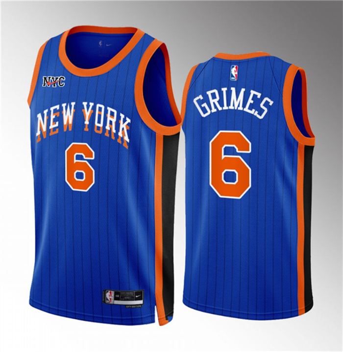 Men's New Yok Knicks #6 Quentin Grimes Blue 2023 24 City Edition Stitched Basketball Jersey Men's New Yok Knicks #6 Quentin Grimes Blue 2023 24 City Edition Stitched Basketball Jersey