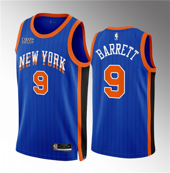 Men's New Yok Knicks #9 RJ Barrett Blue 2023 24 City Edition Stitched Basketball Jersey Men's New Yok Knicks #9 RJ Barrett Blue 2023 24 City Edition Stitched Basketball Jersey