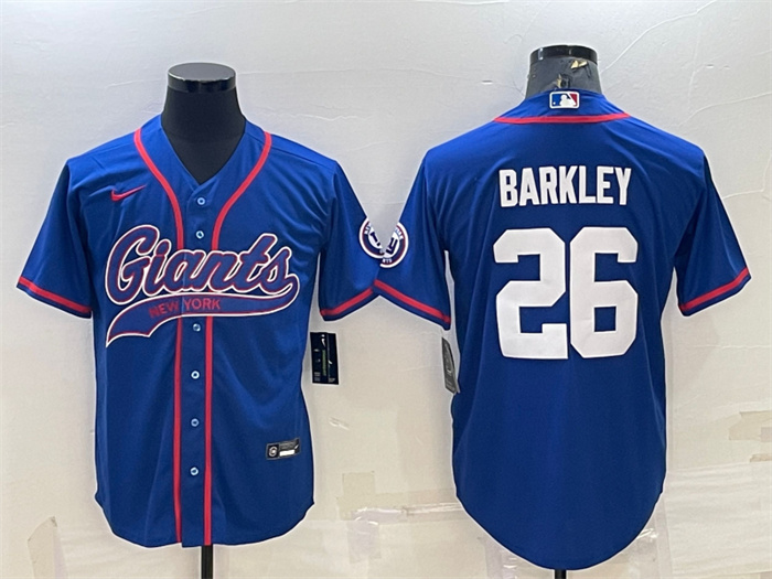 Men's New York Giants #26 Saquon Barkley Blue With Patch Cool Base Stitched Baseball Jersey Men's New York Giants #26 Saquon Barkley Blue With Patch Cool Base Stitched Baseball Jersey