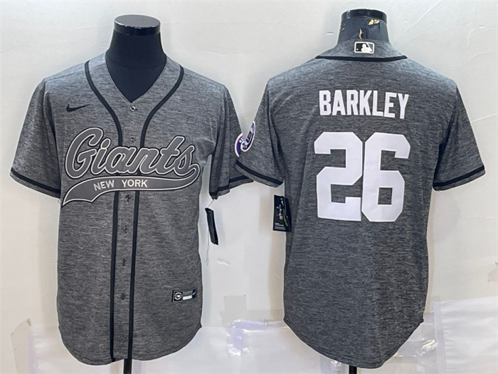 Men's New York Giants #26 Saquon Barkley Grey With Patch Cool Base Stitched Baseball Jersey Men's New York Giants #26 Saquon Barkley Grey With Patch Cool Base Stitched Baseball Jersey