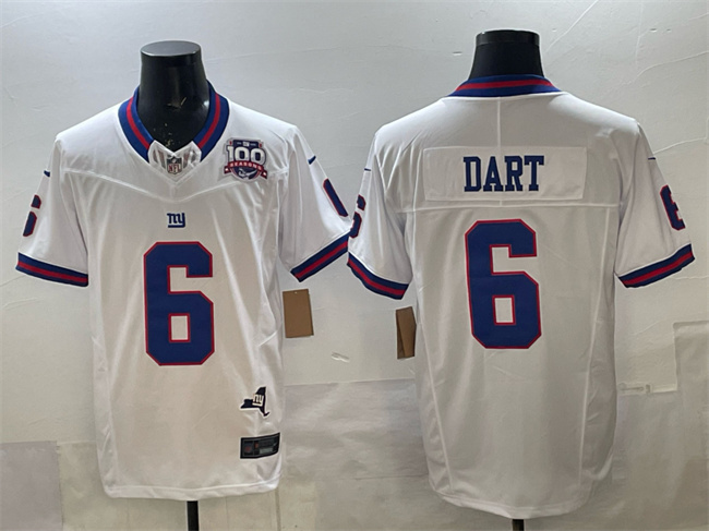 Men's New York Giants #6 Jaxson Dart White 2025 Draft F.U.S.E. 100th Season & State Patch Vapor Limited Stitched Football Jersey