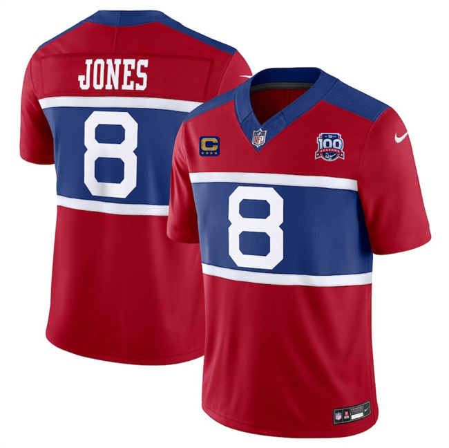 Men's New York Giants #8 Daniel Jones Red 2024 F.U.S.E. Alternate With 4-Star C Patch 100TH Season Patch Vapor Untouchable Limited Stitched Jersey Men's New York Giants #8 Daniel Jones Red 2024 F.U.S.E. Alternate With 4-Star C Patch 100TH Season Patch Vapor Untouchable Limited Stitched Jersey