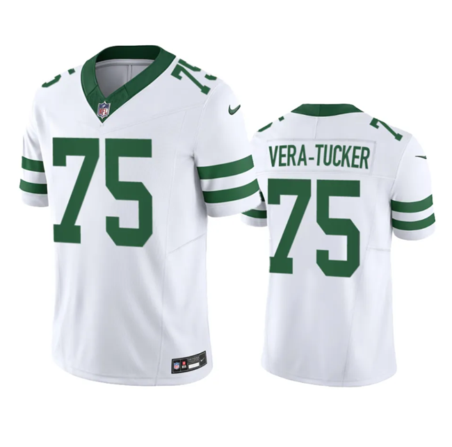Men's New York Jets #75 Alijah Vera-Tucker White 2023 F.U.S.E. Vapor Limited Throwback Stitched Football Jersey Men's New York Jets #75 Alijah Vera-Tucker White 2023 F.U.S.E. Vapor Limited Throwback Stitched Football Jersey