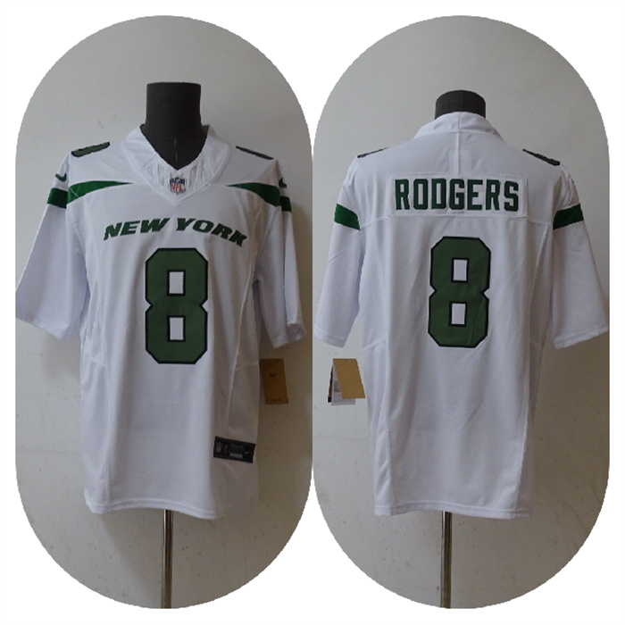 Men's New York Jets #8 Aaron Rodgers 2023 F.U.S.E. White Vapor Untouchable Limited Stitched Jersey Men's New York Jets #8 Aaron Rodgers 2023 F.U.S.E. White Vapor Untouchable Limited Stitched Jersey