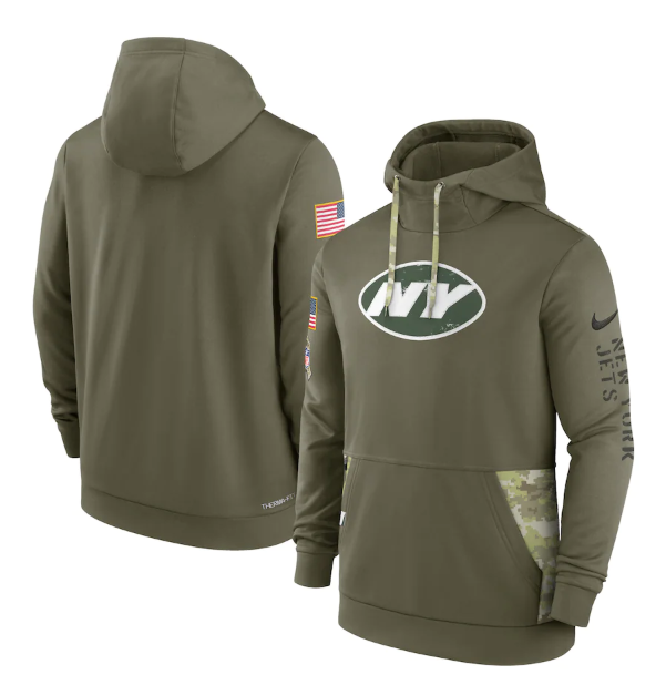 Men's New York Jets 2022 Olive Salute To Service Therma Performance Pullover Hoodie