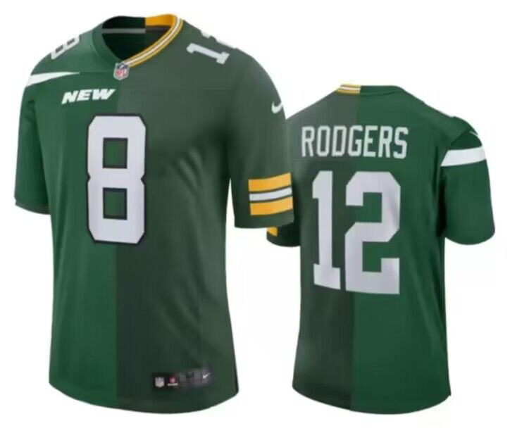 Men's New York Jets Front #8 Back #12 Aaron Rodgers Split Green Jersey Men's New York Jets Front #8 Back #12 Aaron Rodgers Split Green Jersey