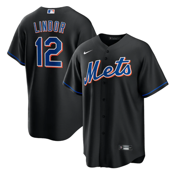 Men's New York Mets #12 Francisco Lindor 2022 Black Cool Base Stitched Baseball Jersey Men's New York Mets #12 Francisco Lindor 2022 Black Cool Base Stitched Baseball Jersey