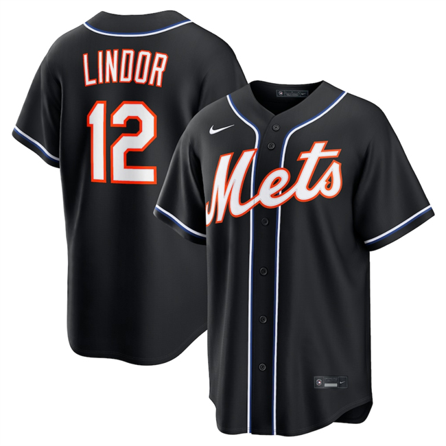 Men's New York Mets #12 Francisco Lindor 2026 Fashion Replica Black Out Stitched Baseball Jersey Men's New York Mets #12 Francisco Lindor 2026 Fashion Replica Black Out Stitched Baseball Jersey