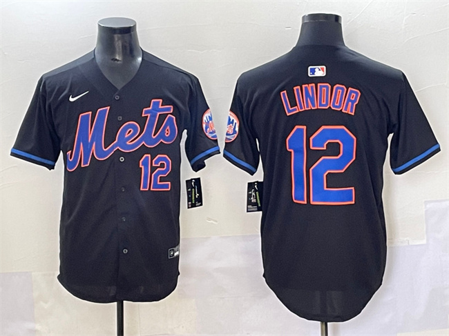 Men's New York Mets #12 Francisco Lindor Black Alternate Limited Stitched Baseball Jersey Men's New York Mets #12 Francisco Lindor Black Alternate Limited Stitched Baseball Jersey