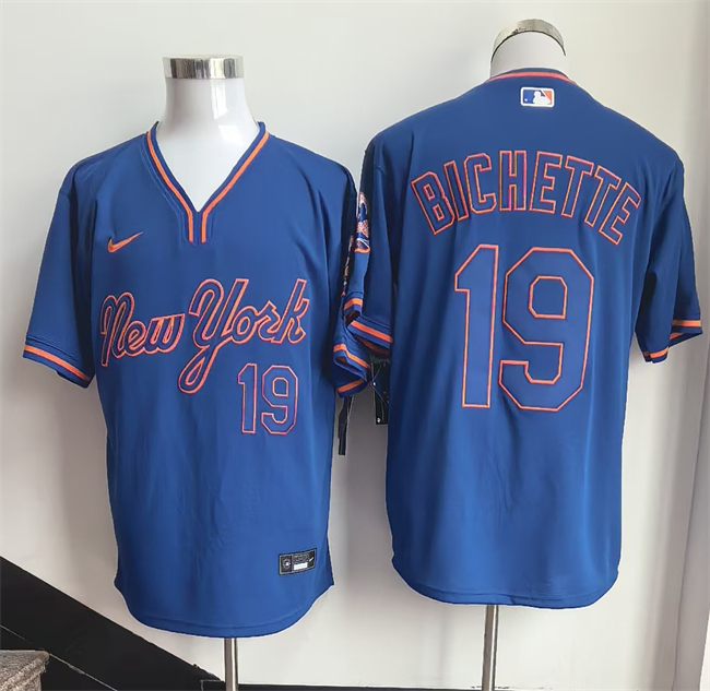 Men's New York Mets #19 Bo Bichette Blue Stitched Baseball Jersey Men's New York Mets #19 Bo Bichette Blue Stitched Baseball Jersey