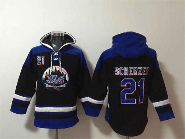 Men's New York Mets #21 Max Scherzer Black Blue Ageless Must-Have Lace-Up Pullover Hoodie