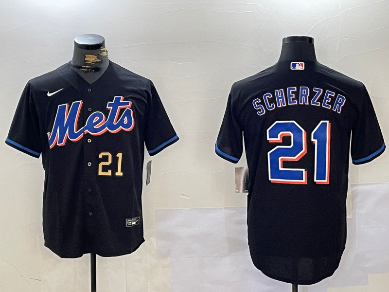 Men's New York Mets #21 Max Scherzer Black Cool Base Stitched Baseball Jersey 2 Men's New York Mets #21 Max Scherzer Black Cool Base Stitched Baseball Jersey 2