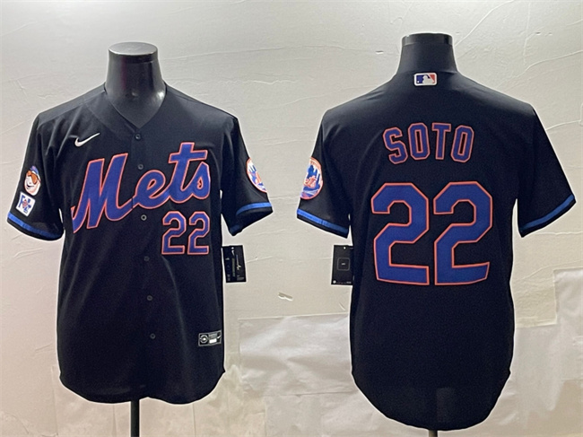 Men's New York Mets #22 Juan Soto Black 2025 Spring Training Cool Base Stitched Baseball Jersey Men's New York Mets #22 Juan Soto Black 2025 Spring Training Cool Base Stitched Baseball Jersey