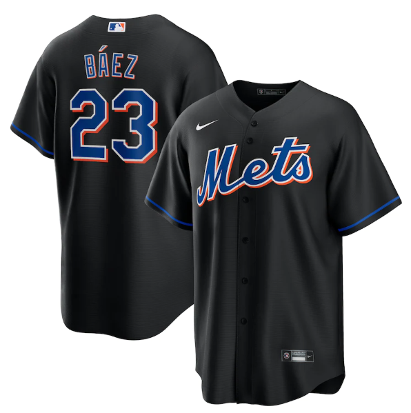 Men's New York Mets #23 Javier Báez 2022 Black Cool Base Stitched Baseball Jersey Men's New York Mets #23 Javier Báez 2022 Black Cool Base Stitched Baseball Jersey