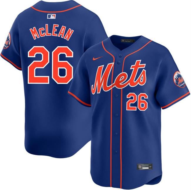 Men's New York Mets #26 Nolan McLean 2026 Blue Limited Stitched Baseball Jersey Men's New York Mets #26 Nolan McLean 2026 Blue Limited Stitched Baseball Jersey