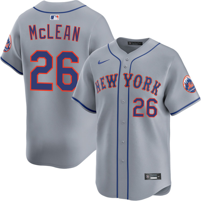 Men's New York Mets #26 Nolan McLean 2026 Grey Limited Stitched Baseball Jersey Men's New York Mets #26 Nolan McLean 2026 Grey Limited Stitched Baseball Jersey