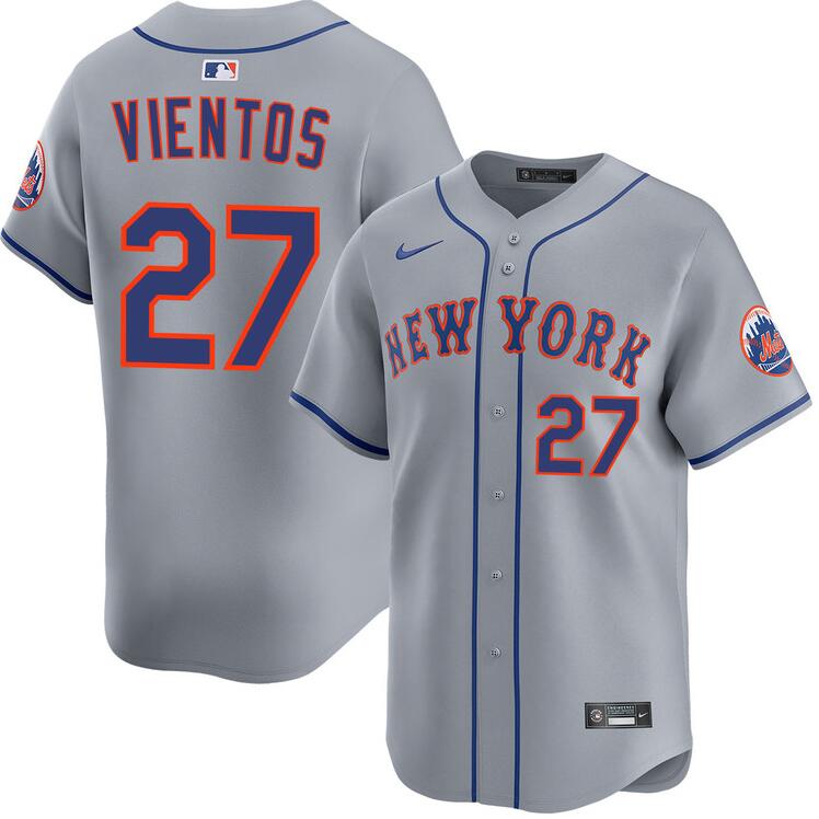 Men's New York Mets #27 Mark Vientos Grey Road Limited Stitched Baseball Jersey Men's New York Mets #27 Mark Vientos Grey Road Limited Stitched Baseball Jersey
