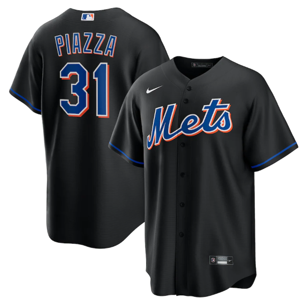 Men's New York Mets #31 Mike Piazza 2022 Black Cool Base Stitched Baseball Jersey Men's New York Mets #31 Mike Piazza 2022 Black Cool Base Stitched Baseball Jersey