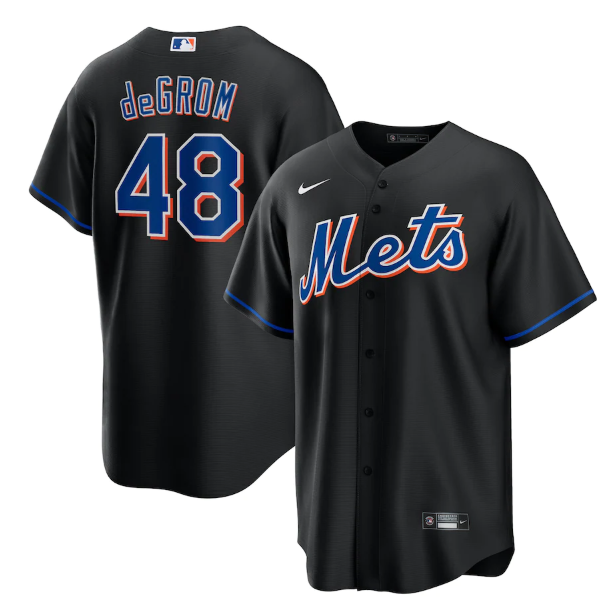 Men's New York Mets #48 Jacob DeGrom 2022 Black Cool Base Stitched Baseball Jersey Men's New York Mets #48 Jacob DeGrom 2022 Black Cool Base Stitched Baseball Jersey