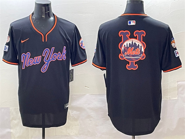 Men's New York Mets Team Big Logo Black 2025 Spring Training Stitched Baseball Jersey Men's New York Mets Team Big Logo Black 2025 Spring Training Stitched Baseball Jersey