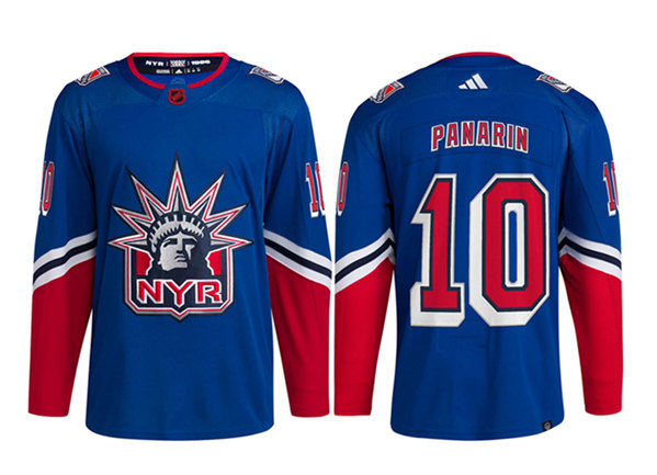 Men's New York Rangers #10 Artemi Panarin Blue 2022 Reverse Retro Stitched Jersey Men's New York Rangers #10 Artemi Panarin Blue 2022 Reverse Retro Stitched Jersey