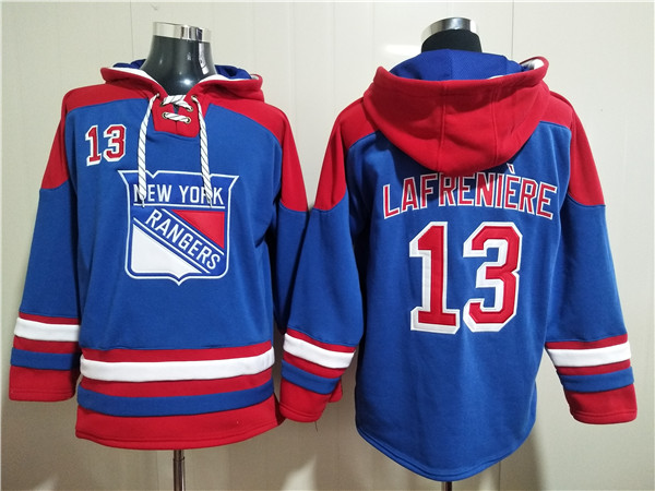 Men's New York Rangers #13 Alexis Lafrenière Blue Ageless Must-Have Lace-Up Pullover Hoodie Men's New York Rangers #13 Alexis Lafrenière Blue Ageless Must-Have Lace-Up Pullover Hoodie