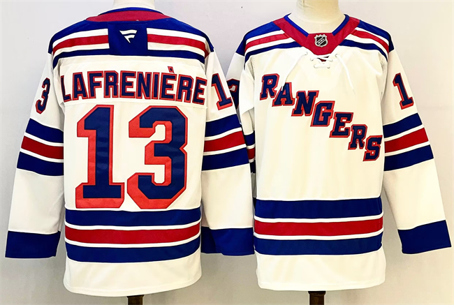Men's New York Rangers #13 Alexis Lafreniere White 2024-25 Away Stitched Hockey Jersey Men's New York Rangers #13 Alexis Lafreniere White 2024-25 Away Stitched Hockey Jersey
