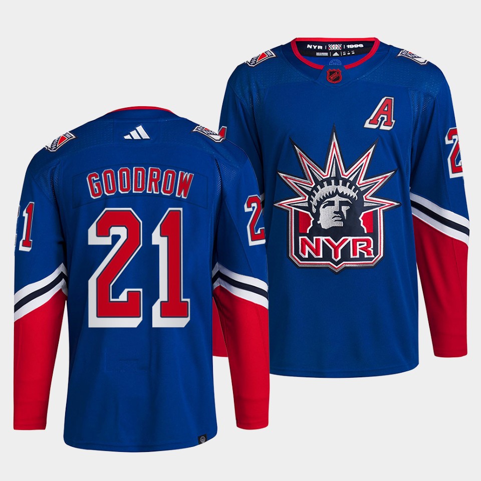 Men's New York Rangers #21 Barclay Goodrow Blue 2022 Reverse Retro Stitched Jersey Men's New York Rangers #21 Barclay Goodrow Blue 2022 Reverse Retro Stitched Jersey