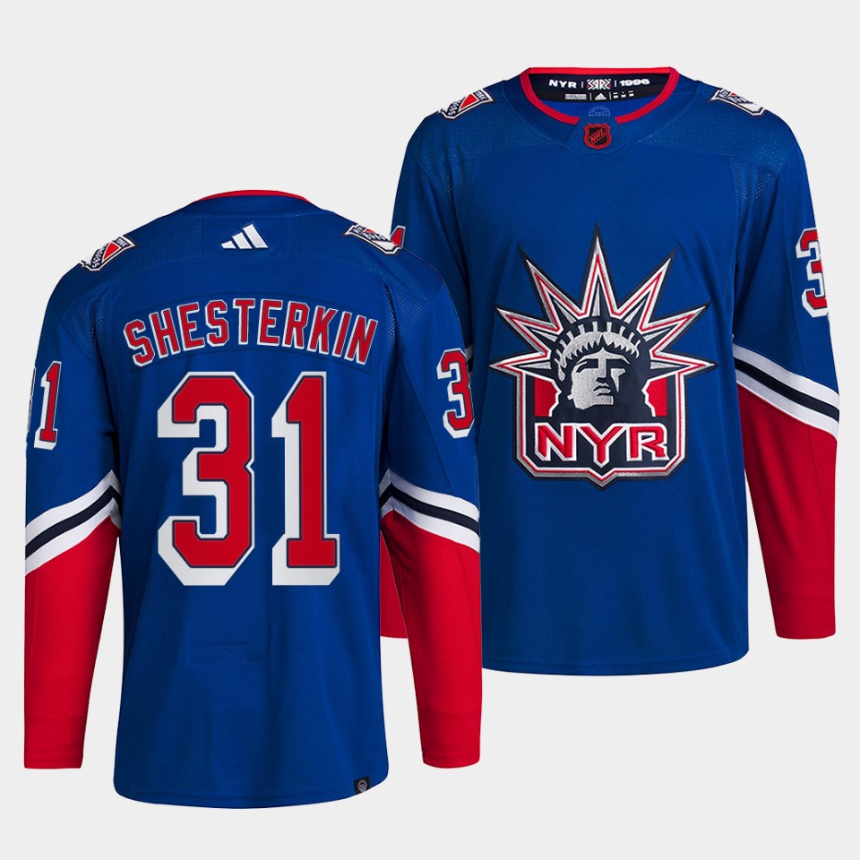 Men's New York Rangers #31 Igor Shesterkin Blue 2022 Reverse Retro Stitched Jersey Men's New York Rangers #31 Igor Shesterkin Blue 2022 Reverse Retro Stitched Jersey