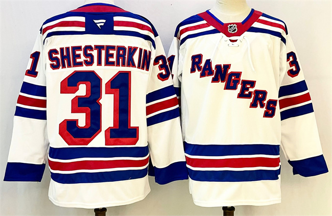 Men's New York Rangers #31 Igor Shesterkin White 2024-25 Away Stitched Hockey Jersey Men's New York Rangers #31 Igor Shesterkin White 2024-25 Away Stitched Hockey Jersey