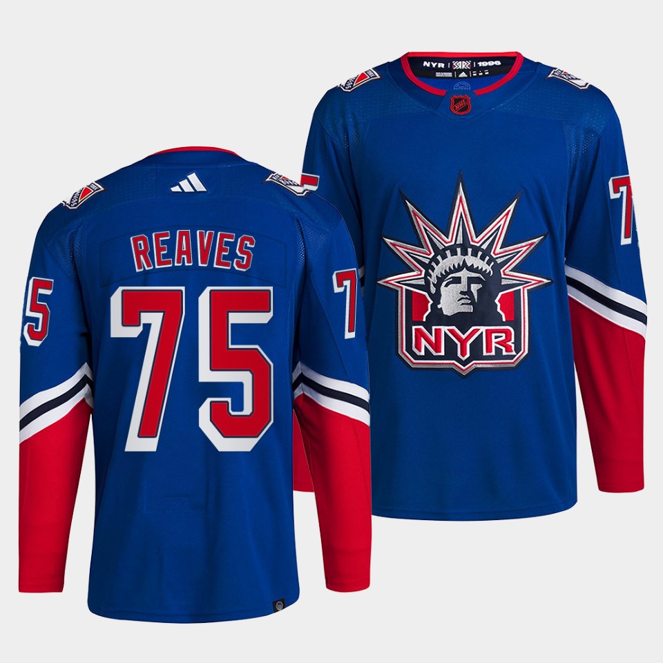 Men's New York Rangers #75 Ryan Reaves Blue 2022 Reverse Retro Stitched Jersey Men's New York Rangers #75 Ryan Reaves Blue 2022 Reverse Retro Stitched Jersey