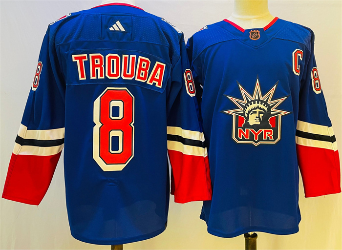 Men's New York Rangers #8 Jacob Trouba Blue 2022-23 Reverse Retro Stitched Jersey Men's New York Rangers #8 Jacob Trouba Blue 2022-23 Reverse Retro Stitched Jersey