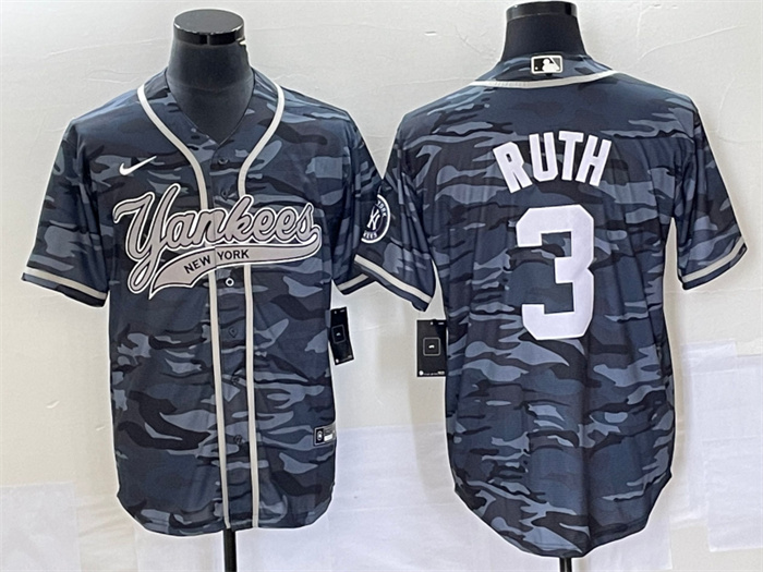 Men's New York Yankees #3 Babe Ruth Gray Camo With Patch Cool Base Stitched Baseball Jersey Men's New York Yankees #3 Babe Ruth Gray Camo With Patch Cool Base Stitched Baseball Jersey