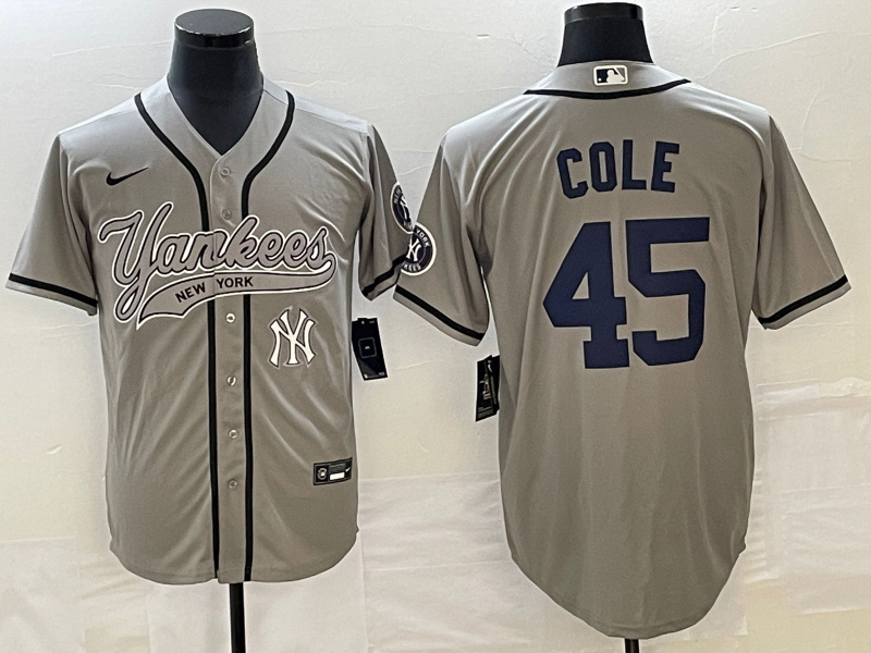 Men's New York Yankees #45 Gerrit Cole Gray With Patch Cool Base Stitched Baseball Jersey Men's New York Yankees #45 Gerrit Cole Gray With Patch Cool Base Stitched Baseball Jersey