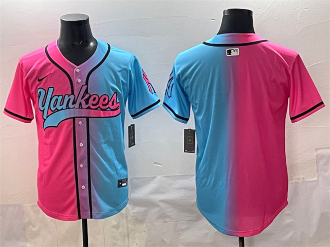 Men's New York Yankees Blank Pink Blue Limited Stitched Baseball Jersey