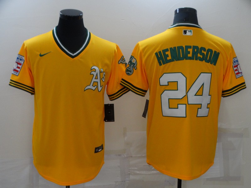 Men's Oakland Athletics #24 Rickey Henderson Yellow Nike Throwback Cool Base Jersey Men's Oakland Athletics #24 Rickey Henderson Yellow Nike Throwback Cool Base Jersey