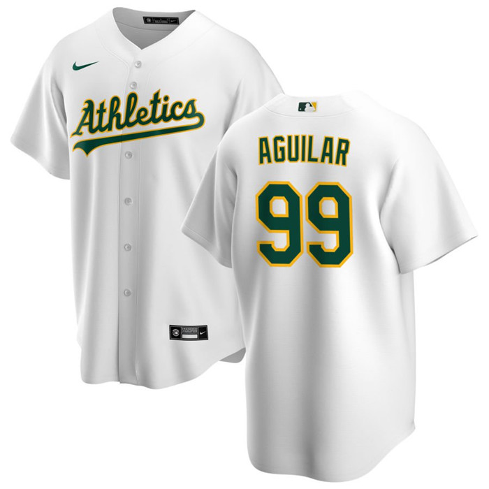 Men's Oakland Athletics #99 Jesús Aguilar White Cool Base Stitched Jersey