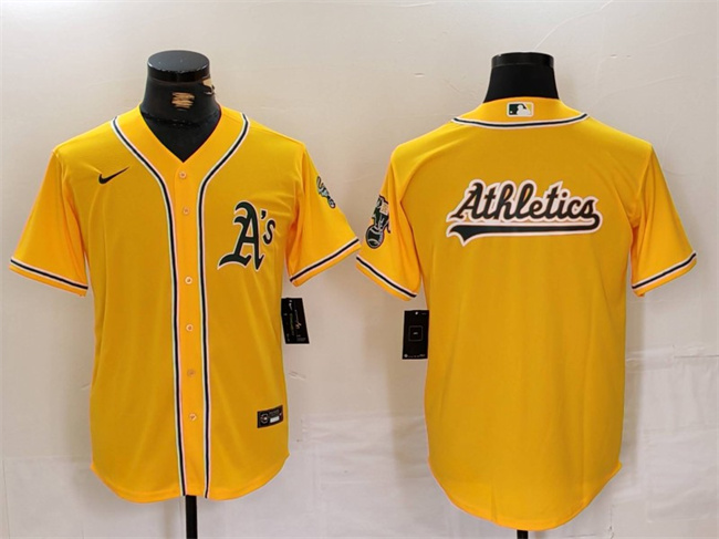 Men's Oakland Athletics Yellow Team Big Logo Cool Base Stitched Baseball Jersey 1