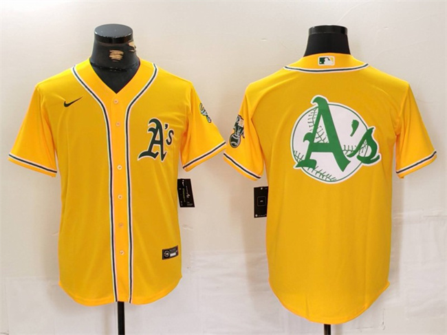Men's Oakland Athletics Yellow Team Big Logo Cool Base Stitched Baseball Jersey 3