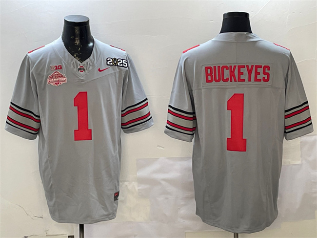 Men's Ohio State Buckeyes #1 Buckeyes Grey 2025 CFP Final With National Champions Patch F.U.S.E. Vapor Limited Stitched Football Jersey Men's Ohio State Buckeyes #1 Buckeyes Grey 2025 CFP Final With National Champions Patch F.U.S.E. Vapor Limited Stitched Football Jersey