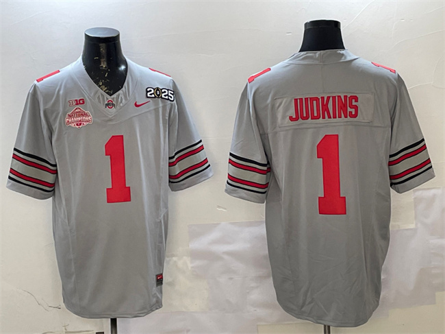 Men's Ohio State Buckeyes #1 Quinshon Judkins Grey 2025 CFP Final With National Champions Patch F.U.S.E. Vapor Limited Stitched Football Jersey Men's Ohio State Buckeyes #1 Quinshon Judkins Grey 2025 CFP Final With National Champions Patch F.U.S.E. Vapor Limited Stitched Football Jersey