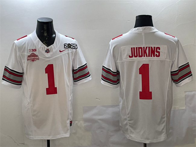 Men's Ohio State Buckeyes #1 Quinshon Judkins White 2025 CFP Final With National Champions Patch F.U.S.E. Vapor Limited Stitched Football Jersey Men's Ohio State Buckeyes #1 Quinshon Judkins White 2025 CFP Final With National Champions Patch F.U.S.E. Vapor Limited Stitched Football Jersey
