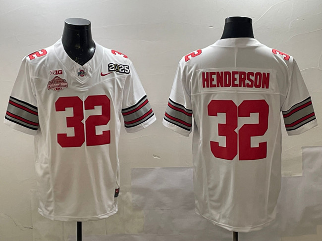 Men's Ohio State Buckeyes #32 TreVeyon Henderson White 2025 CFP Final With National Champions Patch F.U.S.E. Vapor Limited Stitched Football Jersey Men's Ohio State Buckeyes #32 TreVeyon Henderson White 2025 CFP Final With National Champions Patch F.U.S.E. Vapor Limited Stitched Football Jersey
