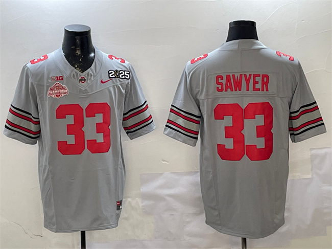 Men's Ohio State Buckeyes #33 Jack Sawyer Grey 2025 CFP Final With National Champions Patch F.U.S.E. Vapor Limited Stitched Football Jersey Men's Ohio State Buckeyes #33 Jack Sawyer Grey 2025 CFP Final With National Champions Patch F.U.S.E. Vapor Limited Stitched Football Jersey