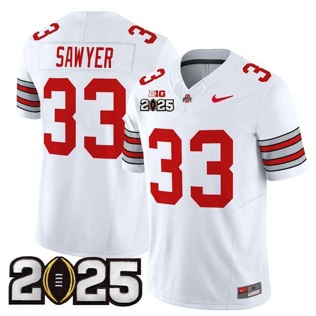 Men's Ohio State Buckeyes #33 Jack Sawyer White 2025 CFP Final Patch F.U.S.E. Vapor Limited Stitched Football Jersey Men's Ohio State Buckeyes #33 Jack Sawyer White 2025 CFP Final Patch F.U.S.E. Vapor Limited Stitched Football Jersey