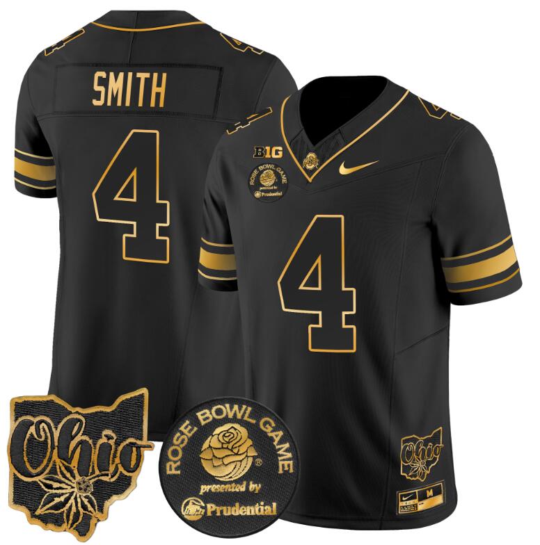 Men's Ohio State Buckeyes #4 Jeremiah Smith Black Gold Rose Bowl 2025 F.U.S.E. Limited Stitched Jersey Men's Ohio State Buckeyes #4 Jeremiah Smith Black Gold Rose Bowl 2025 F.U.S.E. Limited Stitched Jersey